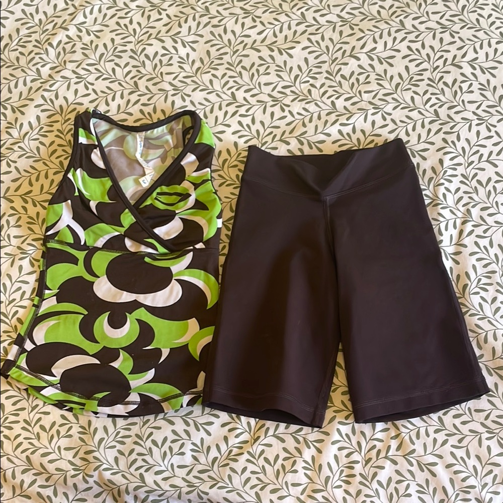Girls Triple Flip Green and Brown Patterned Tank Top with Brown Shorts